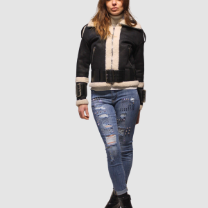 Chaqueta biker efecto piel con cuello y detalles de borreguito
