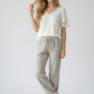 Pantalón de lino y algodón con bajo ajustable mujer